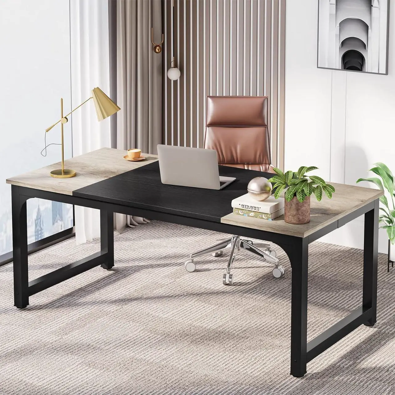 Alt view image 2 of 7 - LITTLE TREE 70.8 Inch X-Large Executive Computer Office Desk, Grey+Black