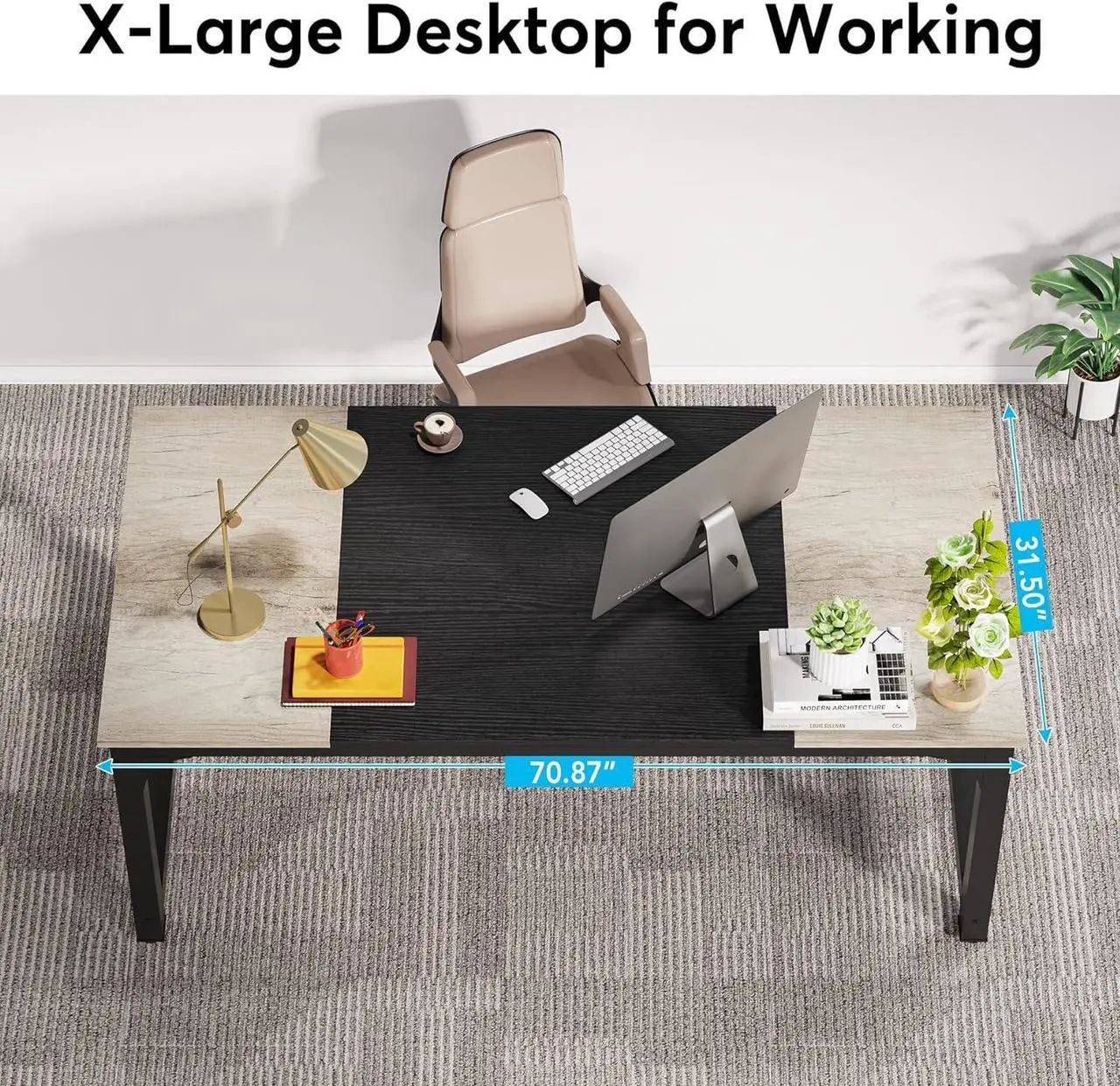 Alt view image 3 of 7 - LITTLE TREE 70.8 Inch X-Large Executive Computer Office Desk, Grey+Black
