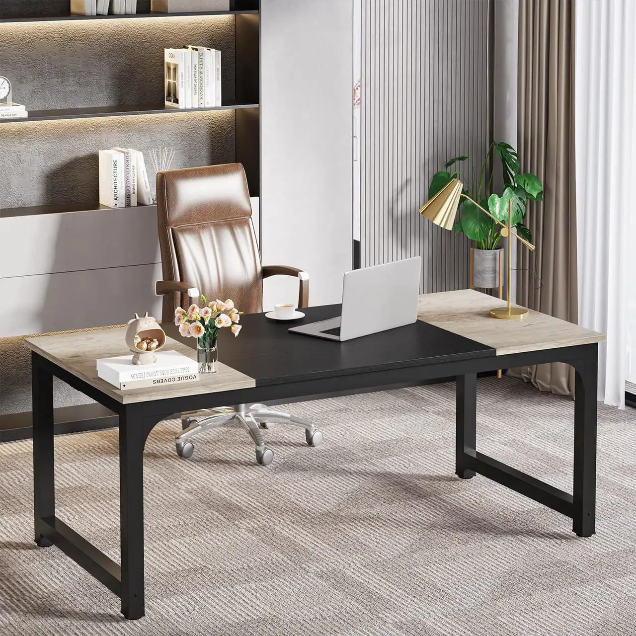 Alt view image 4 of 7 - LITTLE TREE 70.8 Inch X-Large Executive Computer Office Desk, Grey+Black