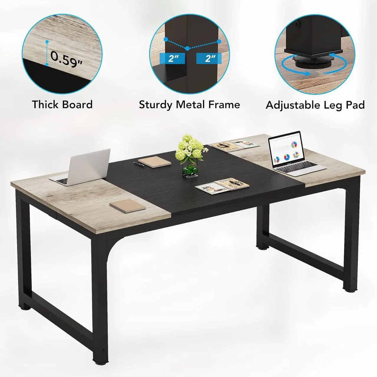 Alt view image 7 of 7 - LITTLE TREE 70.8 Inch X-Large Executive Computer Office Desk, Grey+Black