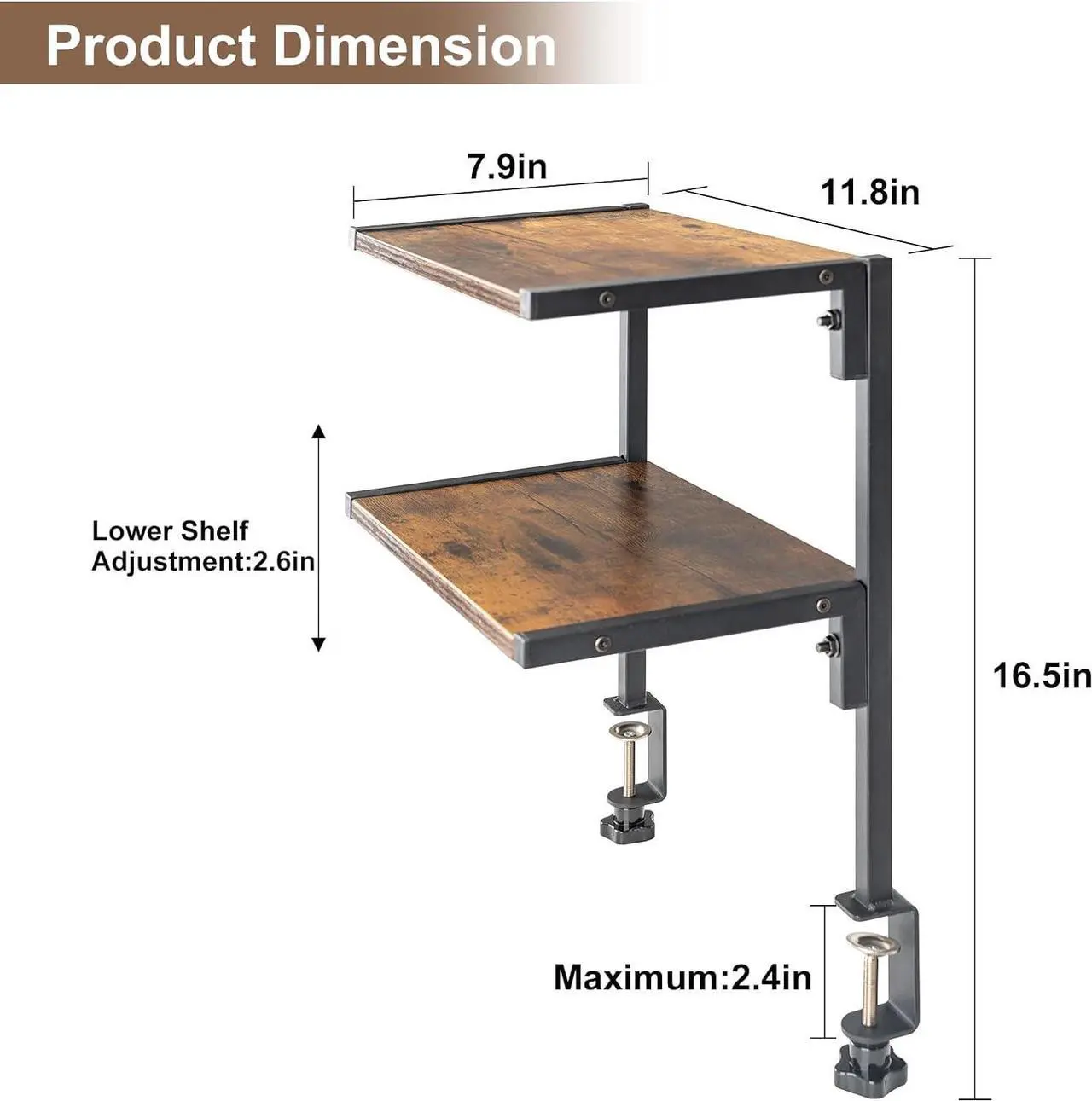 Alt view image 2 of 7 - Clamp On Desk Organizer Shelf, 12 Inch Clamp-on Above or Under Desktop Storage Shelf,2 Tier Clip On Shelving Unit for Table Accessories (Brown)