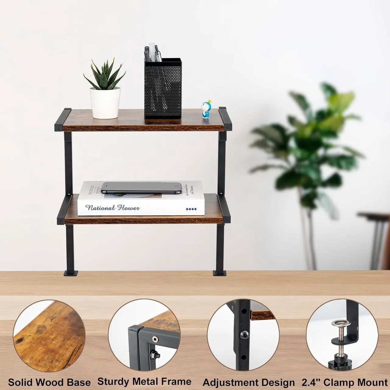 Alt view image 3 of 7 - Clamp On Desk Organizer Shelf, 12 Inch Clamp-on Above or Under Desktop Storage Shelf,2 Tier Clip On Shelving Unit for Table Accessories (Brown)