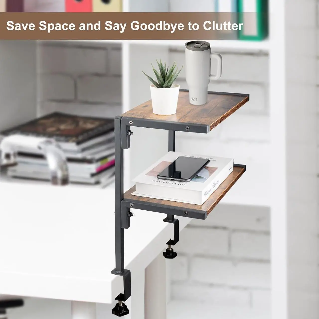 Alt view image 4 of 7 - Clamp On Desk Organizer Shelf, 12 Inch Clamp-on Above or Under Desktop Storage Shelf,2 Tier Clip On Shelving Unit for Table Accessories (Brown)