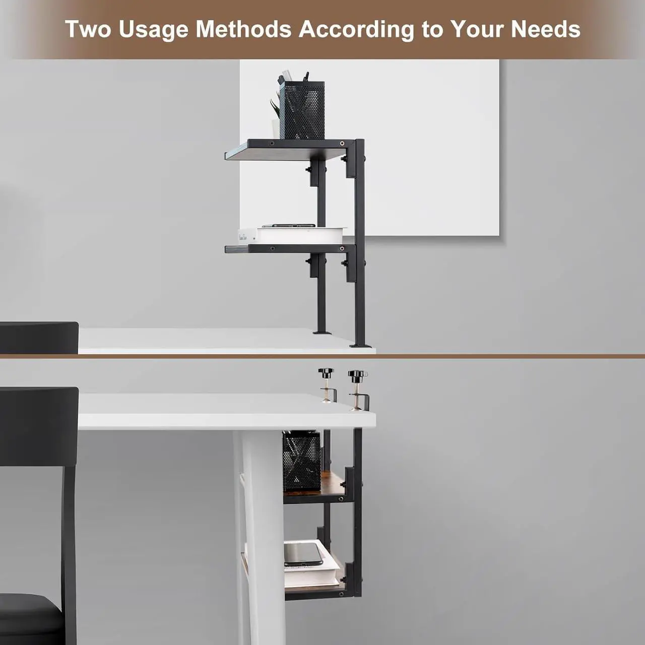 Alt view image 6 of 7 - Clamp On Desk Organizer Shelf, 12 Inch Clamp-on Above or Under Desktop Storage Shelf,2 Tier Clip On Shelving Unit for Table Accessories (Brown)