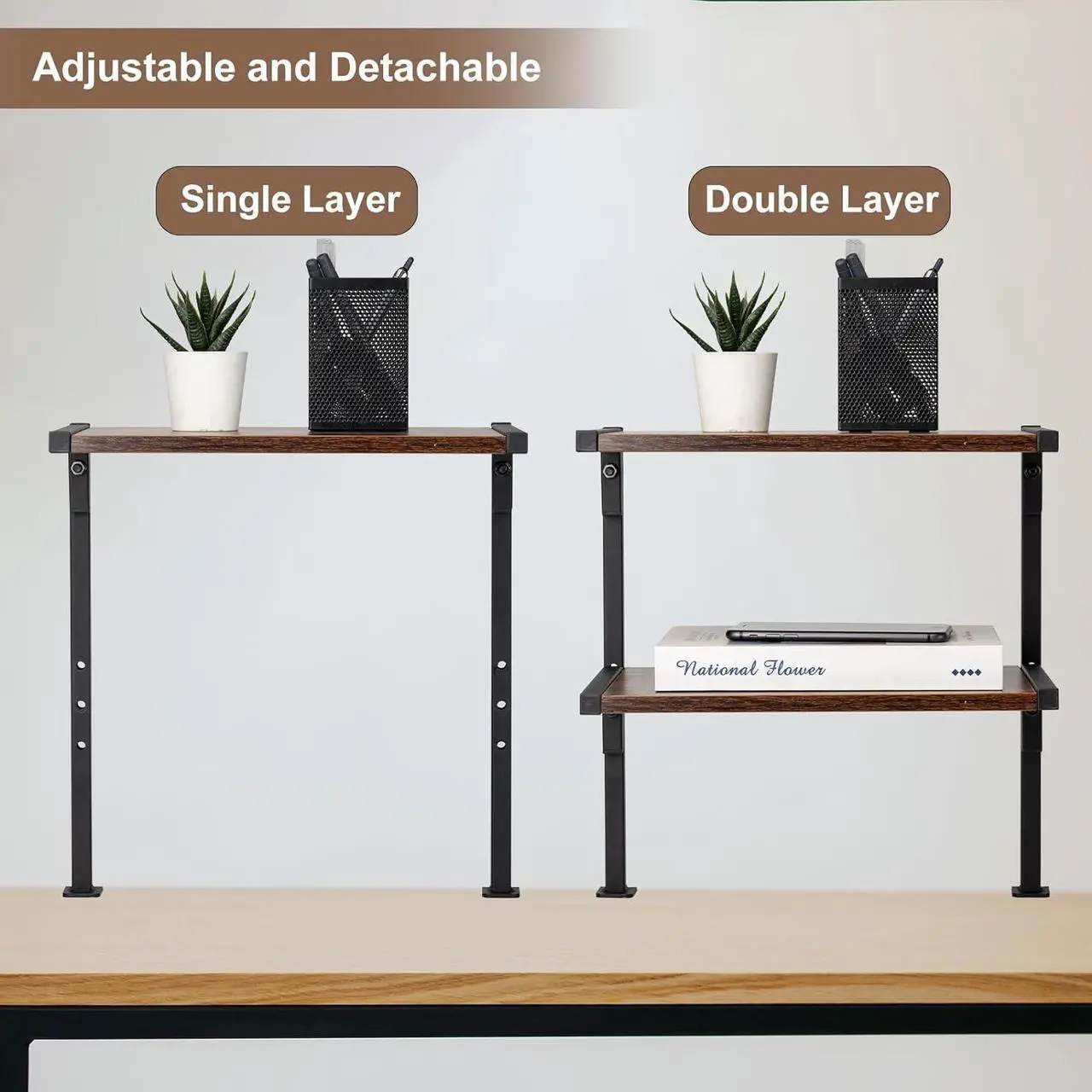 Alt view image 7 of 7 - Clamp On Desk Organizer Shelf, 12 Inch Clamp-on Above or Under Desktop Storage Shelf,2 Tier Clip On Shelving Unit for Table Accessories (Brown)