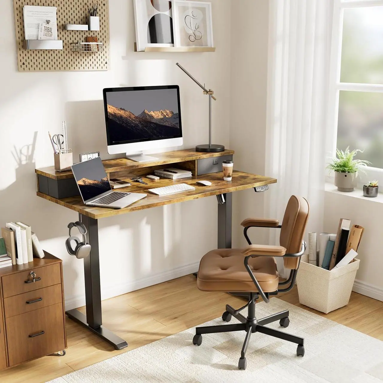 Alt view image 2 of 7 - Agilestic 55 x 24 Inches Height Adjustable Electric Standing Desk with 2 Drawers, Stand Up Electric Desk Adjustable Height, Sit Stand Computer Gaming Table with Splice Board, Rustic Brown