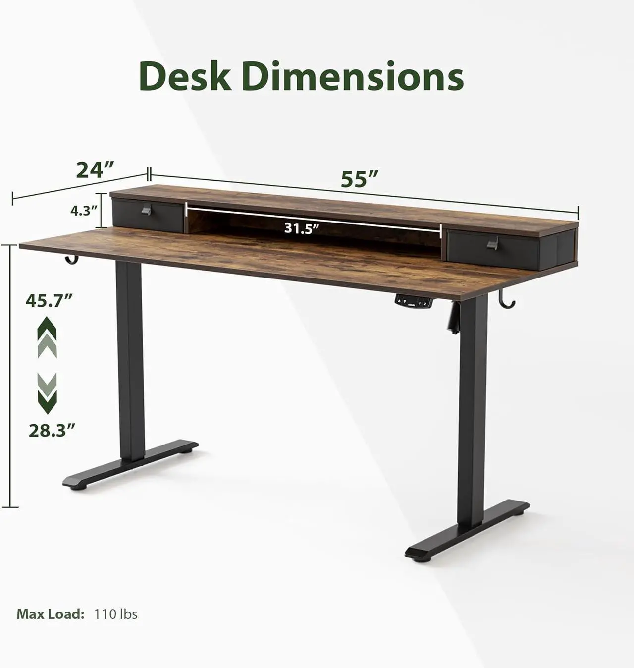 Alt view image 3 of 7 - Agilestic 55 x 24 Inches Height Adjustable Electric Standing Desk with 2 Drawers, Stand Up Electric Desk Adjustable Height, Sit Stand Computer Gaming Table with Splice Board, Rustic Brown
