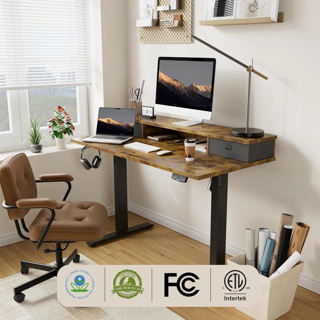 Alt view image 5 of 7 - Agilestic 55 x 24 Inches Height Adjustable Electric Standing Desk with 2 Drawers, Stand Up Electric Desk Adjustable Height, Sit Stand Computer Gaming Table with Splice Board, Rustic Brown