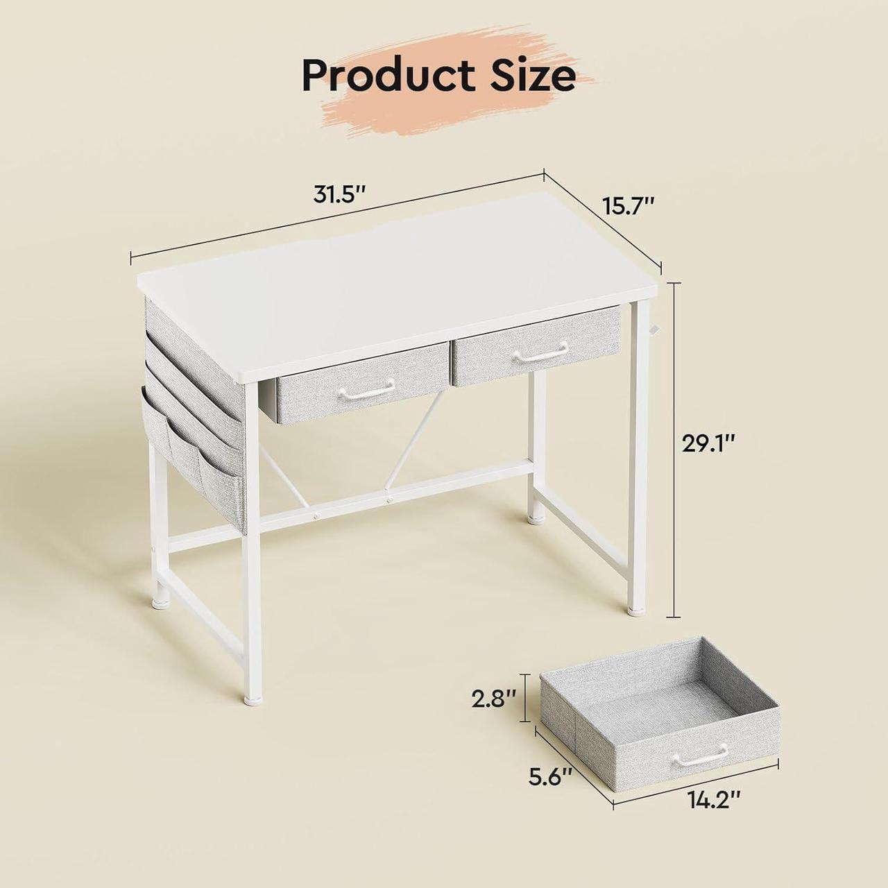 Alt view image 3 of 7 - Maihail Small Desk with Drawers, 31.5 inch Computer Desk with Drawers, Writing Table for Small Spaces, Office Table with Metal Frame, White