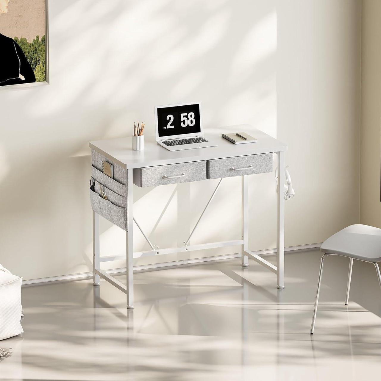 Alt view image 4 of 7 - Maihail Small Desk with Drawers, 31.5 inch Computer Desk with Drawers, Writing Table for Small Spaces, Office Table with Metal Frame, White