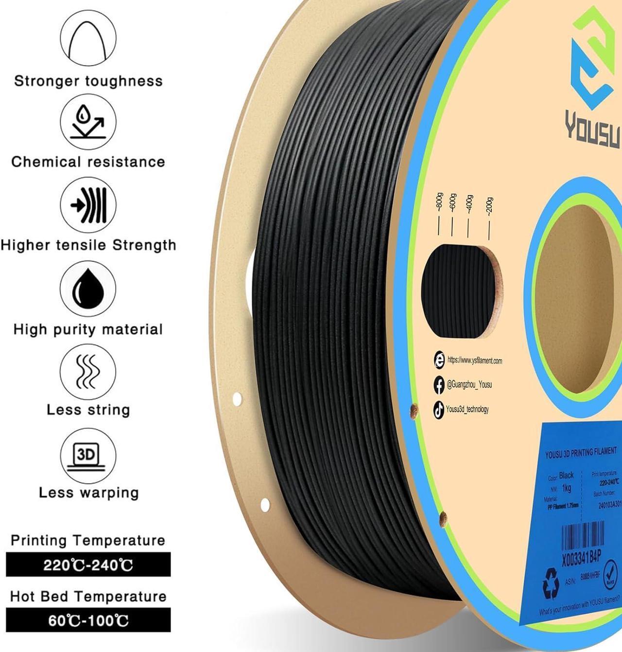 Alt view image 4 of 6 - YOUSU Polypropylene PP Filament, 1.75mm 3D Printer Filament for 3D Printing, 1kg(2.2lbs) 5pcs Build Sheet Included, Semi-Flexible Ultra Tough Filament, Black