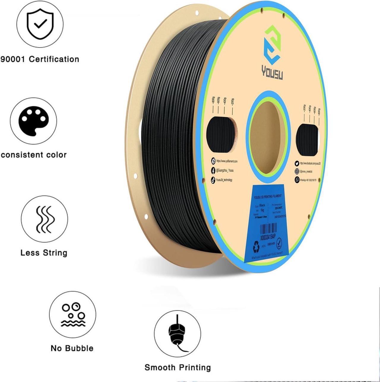 Alt view image 6 of 6 - YOUSU Polypropylene PP Filament, 1.75mm 3D Printer Filament for 3D Printing, 1kg(2.2lbs) 5pcs Build Sheet Included, Semi-Flexible Ultra Tough Filament, Black