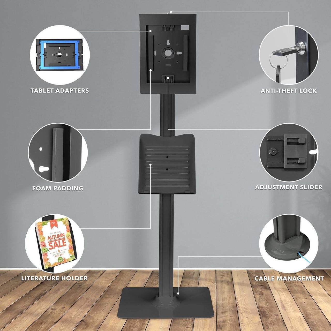 Alt view image 4 of 7 - Mount-It! Anti-Theft Floor Stand for iPads, Adjustable Locking Tablet Mount, Contact-Less Kiosk with Universal Enclosure, Black