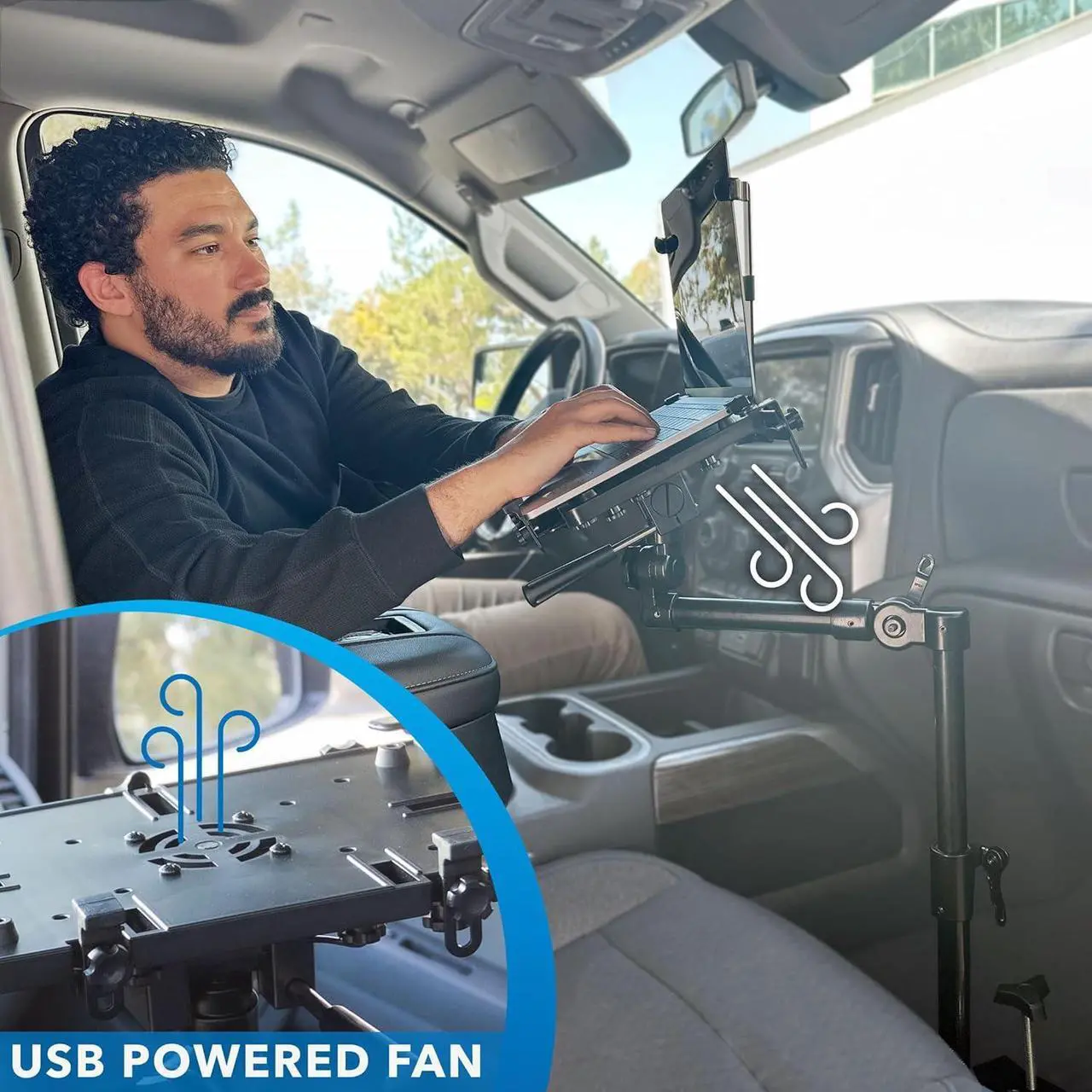 Alt view image 3 of 7 - Mount-It! Universal Vehicle Laptop Mount for Cars, Trucks & Vans  No-Drill Installation, Adjustable Height, Full Motion Swivel, and Cooling Tray for Laptops Up to 17"