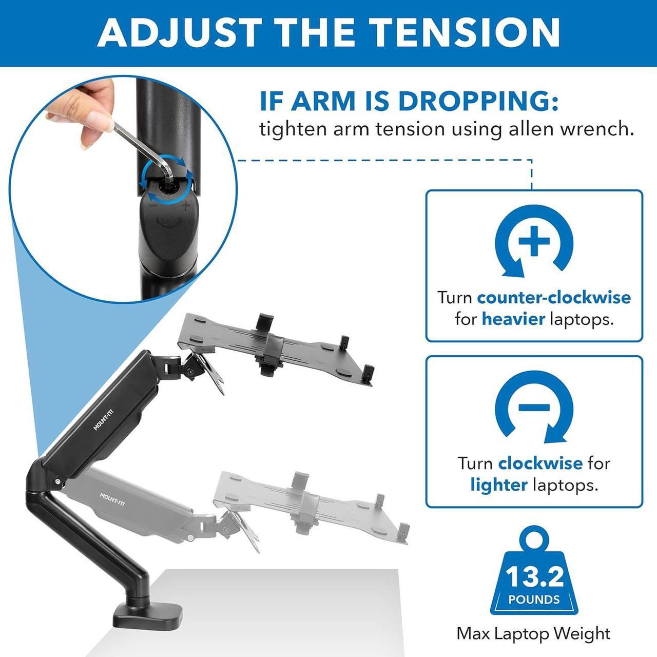 Alt view image 6 of 7 - Mount-It! Laptop Desk Arm | Swivel Laptop Stand with Gas Spring Arm | Height Adjustable Laptop Arm Mount for MacBook, Dell, HP & 11-17 Inch Laptops