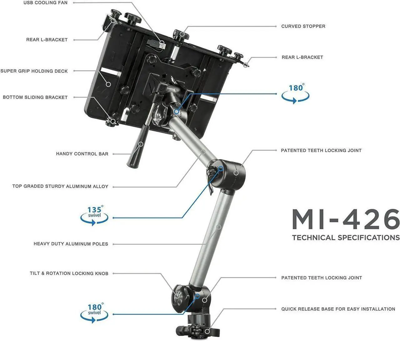 Alt view image 5 of 7 - Mount-It! Laptop Vehicle Mount, No-Drill Computer Seat Mount, Full Motion Adjustable Design for Auto, Truck, Car, Van Use
