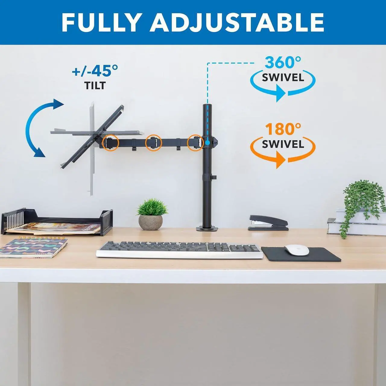Alt view image 7 of 7 - Mount-It! Laptop Desk Mount, Fully Adjustable Ergonomic Laptop Arm with Vented Tray, Cable Management, Clamp and Grommet Base, Fits Laptops up to 17 Inches, Black