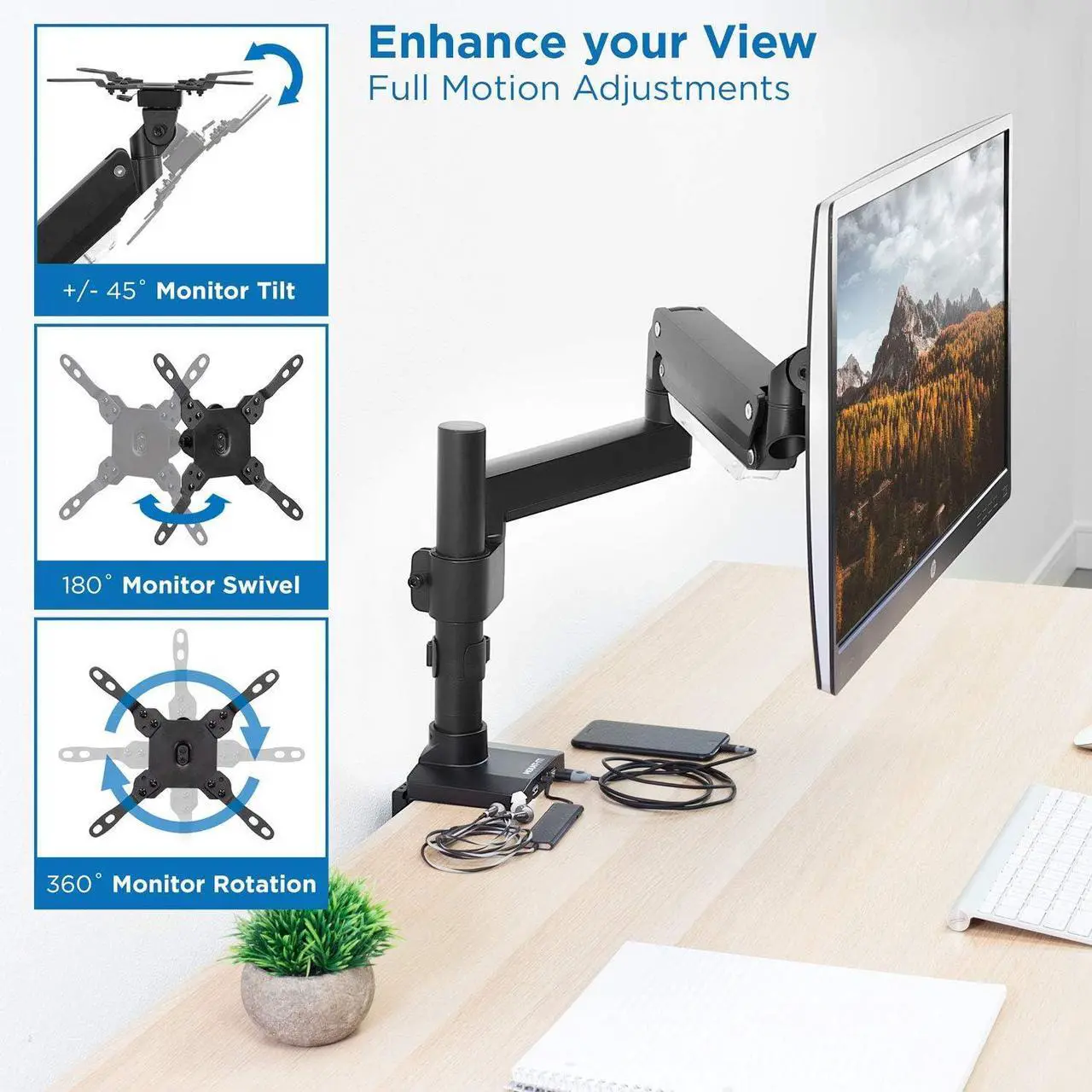Alt view image 2 of 7 - Mount-It! Ultrawide Monitor Arm, Heavy Duty 34 Inch Monitor Desk Mount for Screens up to 35 Inch and 33 Lbs, Vesa 100x100 Compatible, Height Adjustable Gas Spring Arm with 2 USB 3.0 and Audio Ports