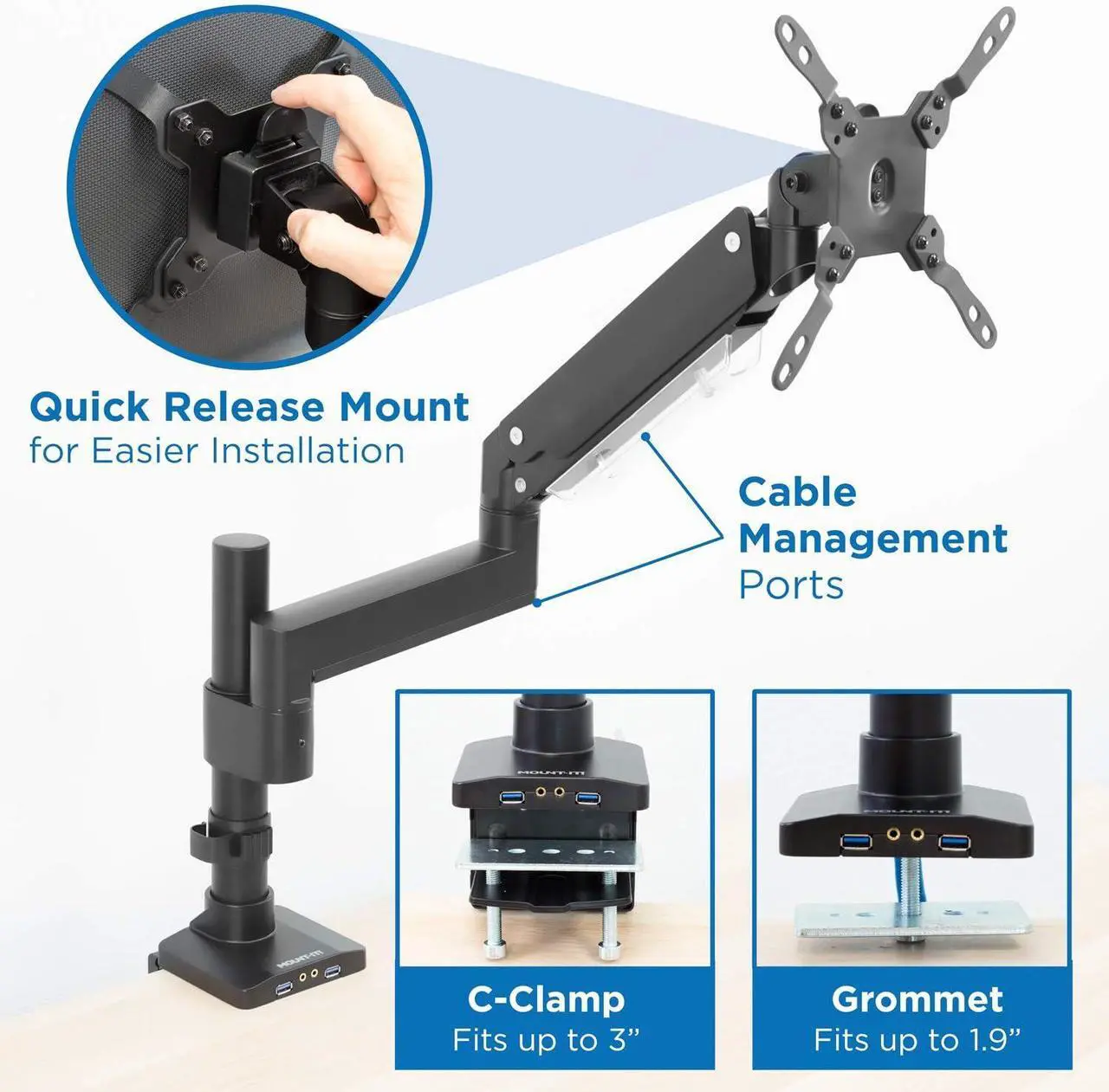 Alt view image 4 of 7 - Mount-It! Ultrawide Monitor Arm, Heavy Duty 34 Inch Monitor Desk Mount for Screens up to 35 Inch and 33 Lbs, Vesa 100x100 Compatible, Height Adjustable Gas Spring Arm with 2 USB 3.0 and Audio Ports