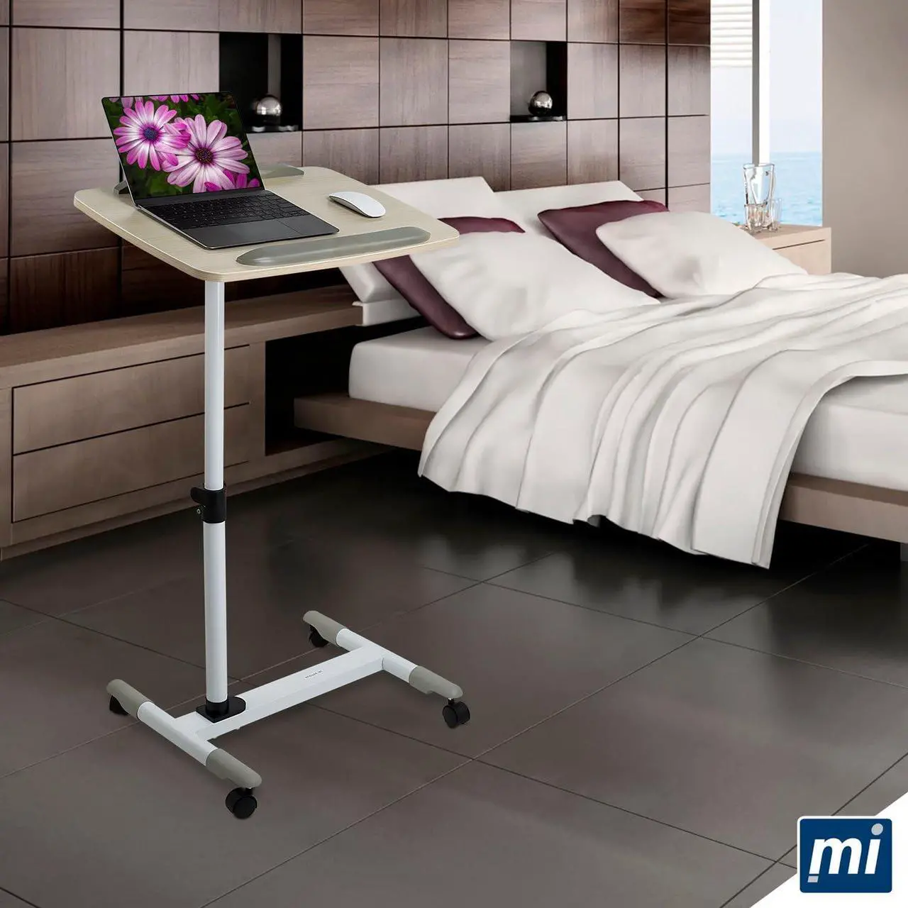 Alt view image 2 of 7 - Mount-It! Rolling Mobile Standing Desk - Small Rolling Desk for Laptop, Over Bed Hospital Medical Tray, Projector Stand, Mobile Music Stand, Height Adjustable Tilting Wood with Lockable Wheels