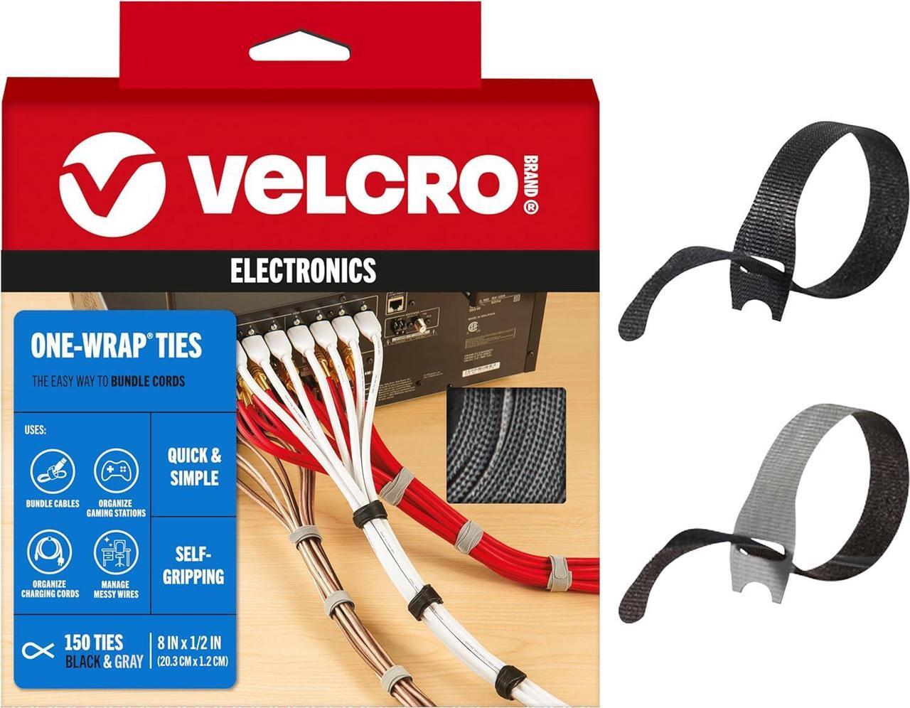 Main image of VELCRO Brand 150pk Cable Ties Value Pack | Replace Zip Ties with Reusable Straps, Reduce Waste | For Wire Management and Cord Organizer | 8 x 1/2" Thin Pre-Cut Design, Black and Gray