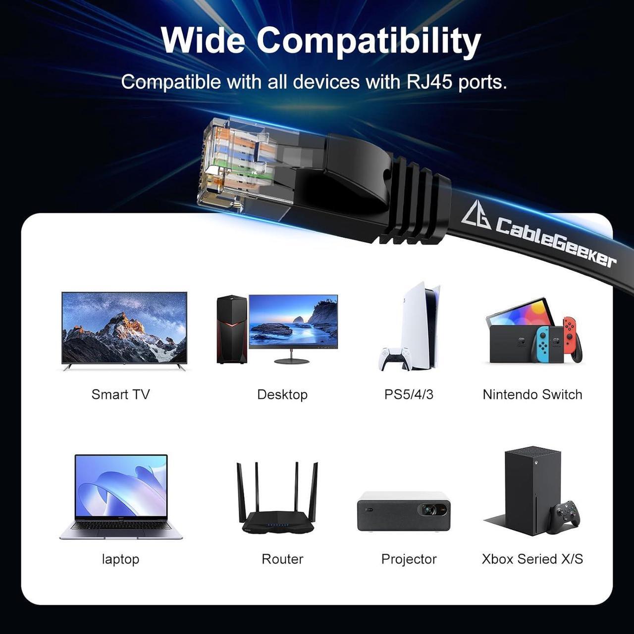 Alt view image 7 of 7 - Cat 6 Ethernet Cable 100 ft, Indoor&Outdoor, High Speed 10Gbps Flat Internet Network Cable, Cat6 Ethernet Patch Cable Long, Computer LAN Cable with Free Clips & Straps for Router, Modem, PS4/5, Black