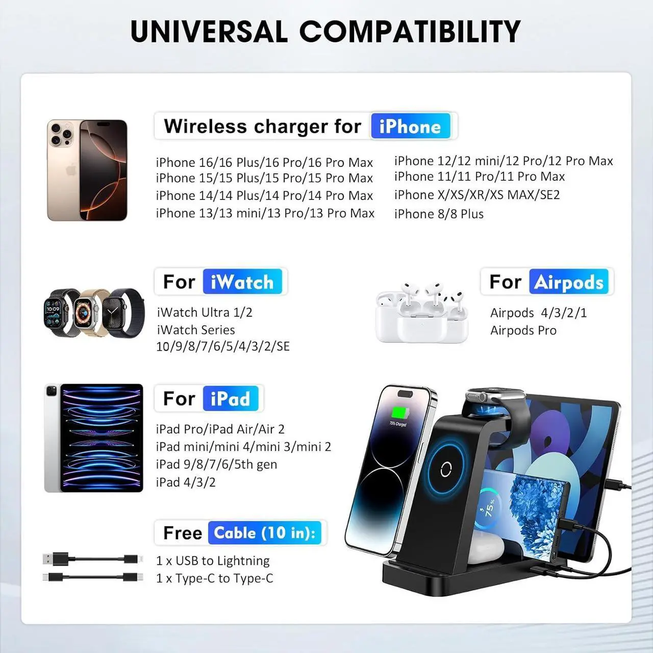 Alt view image 3 of 6 - Wireless Charger for iPhone - 5 in 1 Charging Station for Multiple Devices Apple: Fast Wireless Charging Stand Dock for iPhone 16e 16 15 14 13 12 Pro Max Apple Watch Airpods