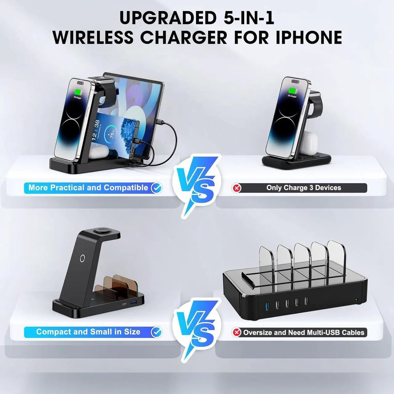 Alt view image 2 of 6 - Wireless Charger for iPhone - 5 in 1 Charging Station for Multiple Devices Apple: Fast Wireless Charging Stand Dock for iPhone 16e 16 15 14 13 12 Pro Max Apple Watch Airpods