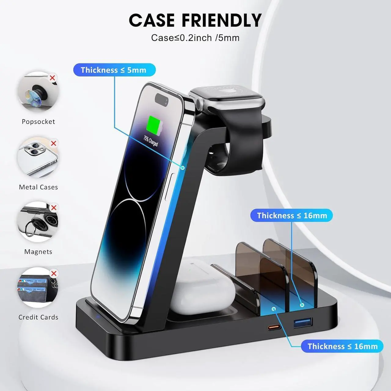 Alt view image 6 of 6 - Wireless Charger for iPhone - 5 in 1 Charging Station for Multiple Devices Apple: Fast Wireless Charging Stand Dock for iPhone 16e 16 15 14 13 12 Pro Max Apple Watch Airpods