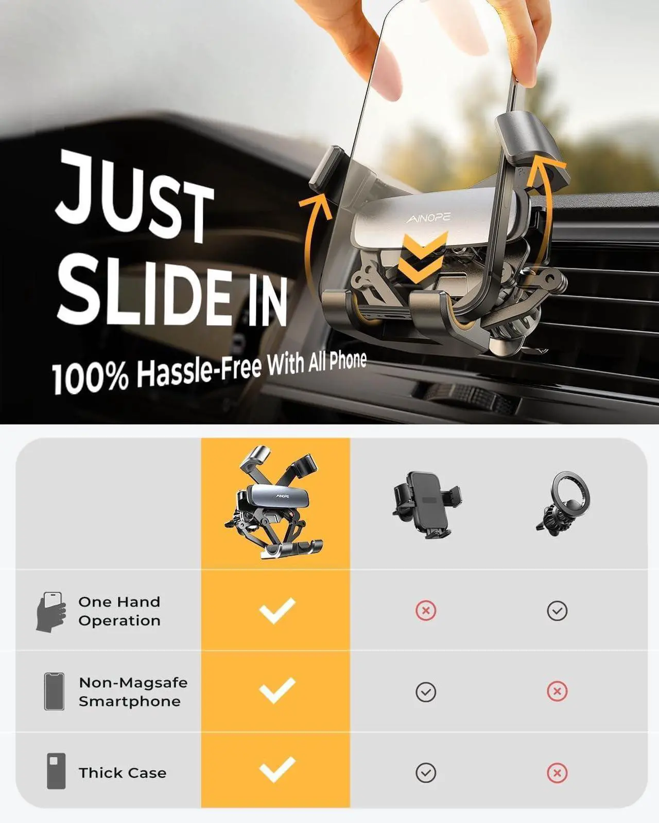 Alt view image 2 of 7 - AINOPE Car Phone Holders for Your Car [Ultra Convenient] Air Vent Phone Mount [Thick Cases Friendly] Cell Phone Holder Car Accessories for Women Men for iPhone 16 Pro Max 15 Samsung S25 Ultra Black