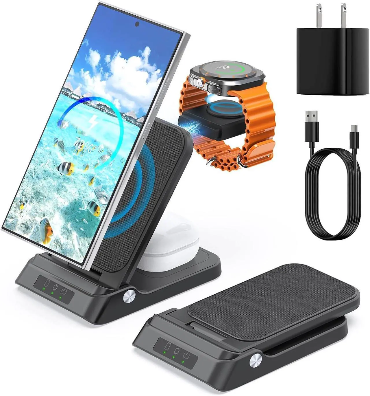 Main image of Wireless Charger for Samsung, RAUGEE Foldable 3 in 1 Fast Wireless Charging Station for Samsung Galaxy S25 Ultra/S24/24 Ultra/S23 Ultra/S23+/S22/Z Fold/Flip Stand for Galaxy Watch Ultra/7/6/5/4/3