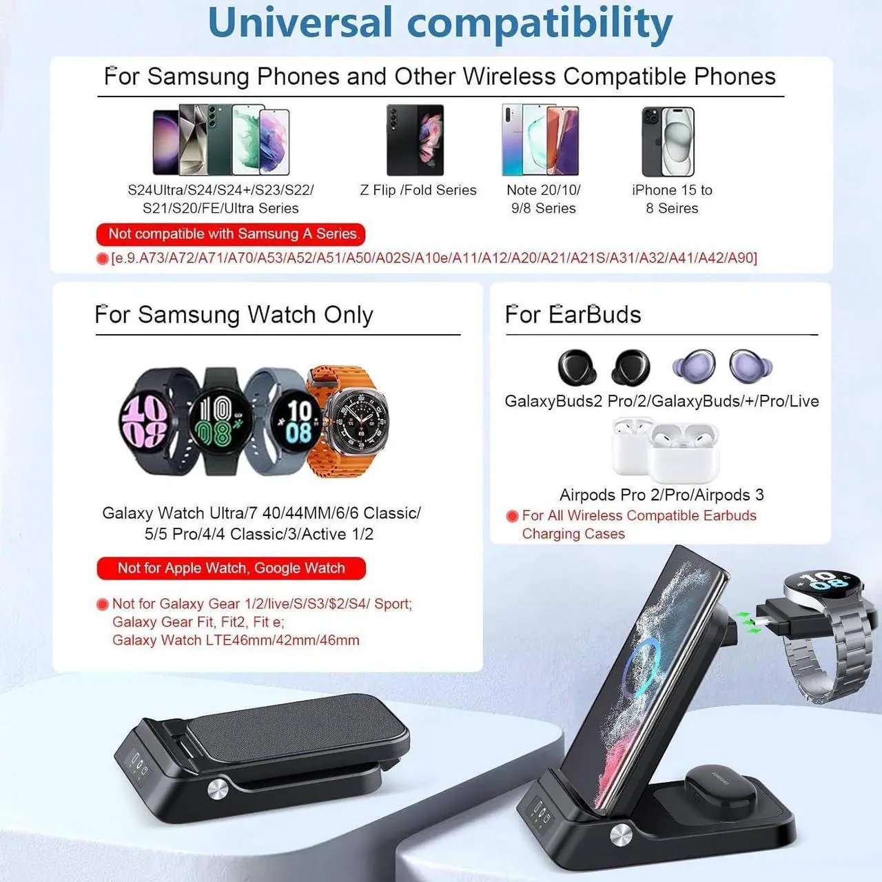 Alt view image 2 of 6 - Wireless Charger for Samsung, RAUGEE Foldable 3 in 1 Fast Wireless Charging Station for Samsung Galaxy S25 Ultra/S24/24 Ultra/S23 Ultra/S23+/S22/Z Fold/Flip Stand for Galaxy Watch Ultra/7/6/5/4/3