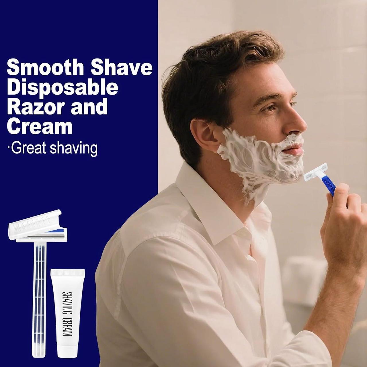 Alt view image 5 of 7 - Disposable Razors in Bulk,razors individually wrapped bulk,Twin Blade Razors with Clear Safety Cap and Shaving Cream, Razors For Homeless, Hotel,Air Bnb,Shelter/Homeless/Travel (100PCS)