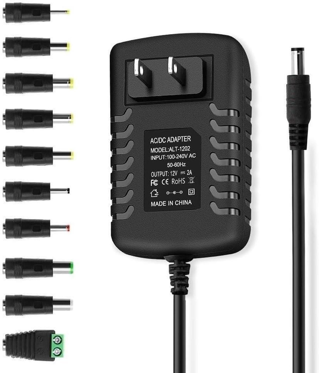 Main image of 12 Volt 2 Amp DC Power Supply 24W 12Volt 2Amp AC Adapter 100-240V 50-60Hz AC to DC 12V 2A Power Supply Adapter Cord with 5.5mm x 2.5mm Barrel Plug & 10 Sizes of Tips