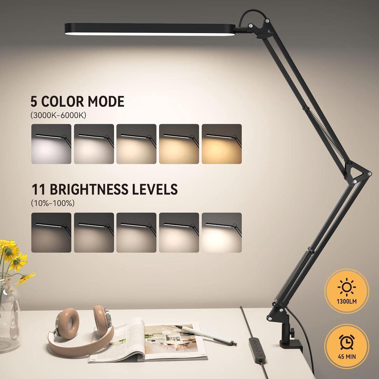 Alt view image 2 of 7 - SKYLEO Led Desk Lamp - Desk Light for 31.5" Tall - 5 Color Modes X 11 Brightness Levels - Adjustable Swing Arm - Timmer & Memory Function - 12W Lamp for Desk - Black