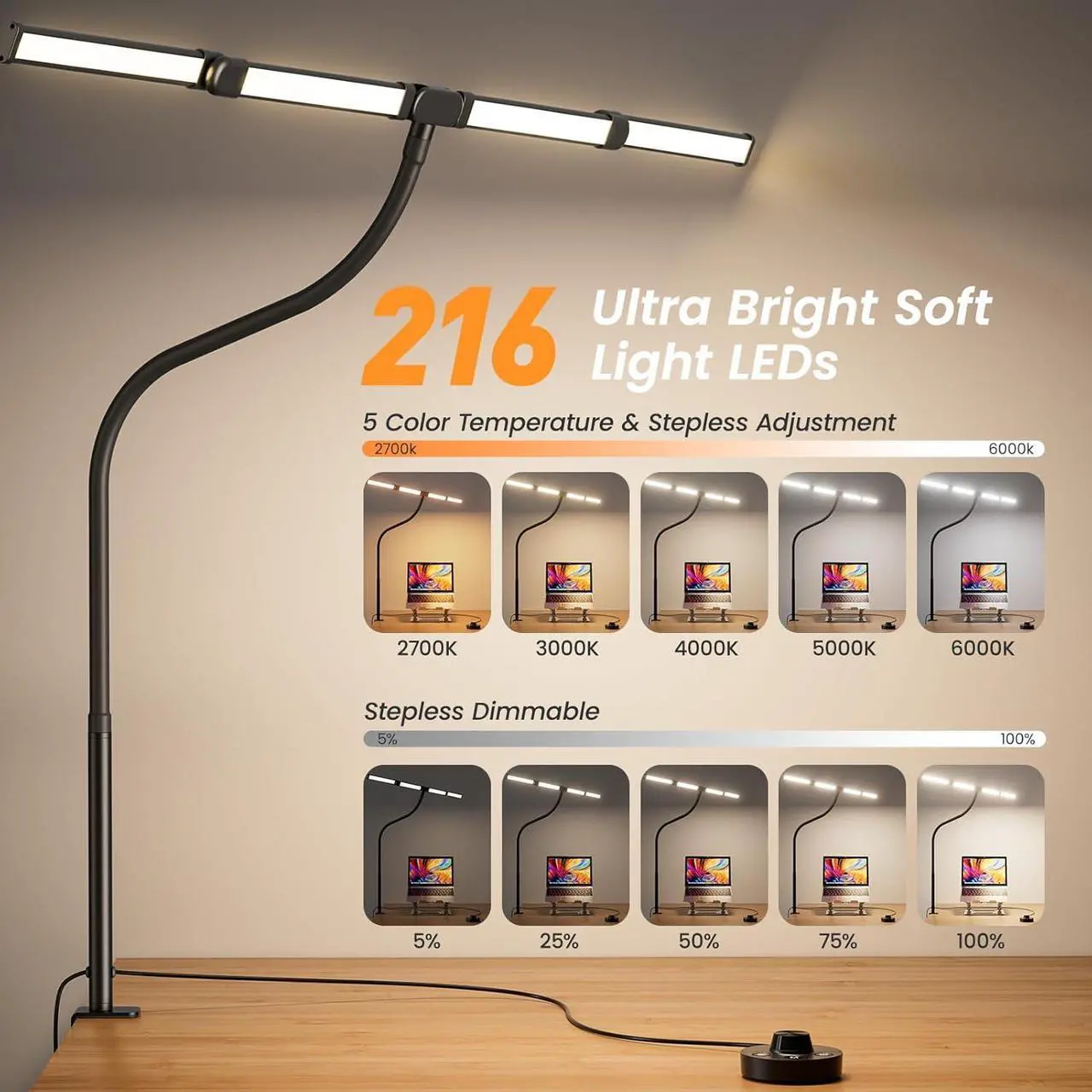 Alt view image 2 of 7 - BOHON LED Desk Lamp for Home Office, 24W Architect Task Lamp with Clamp, Desktop Controller, 5 Color Stepless Dimming Table Light, Screen Computer Monitor Gooseneck Lamp for Reading Study Workbench