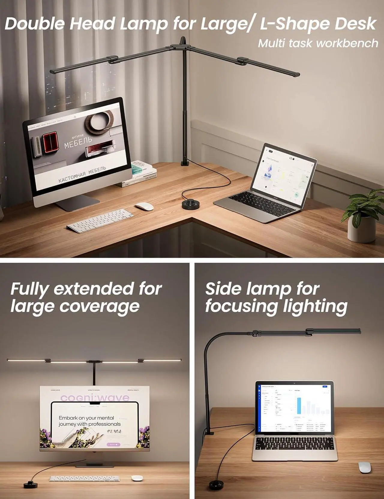 Alt view image 6 of 7 - BOHON LED Desk Lamp for Home Office, 24W Architect Task Lamp with Clamp, Desktop Controller, 5 Color Stepless Dimming Table Light, Screen Computer Monitor Gooseneck Lamp for Reading Study Workbench