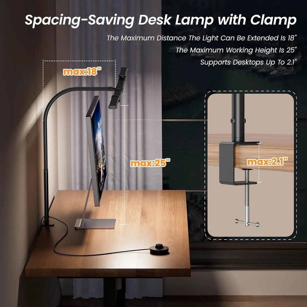 Alt view image 7 of 7 - BOHON LED Desk Lamp for Home Office, 24W Architect Task Lamp with Clamp, Desktop Controller, 5 Color Stepless Dimming Table Light, Screen Computer Monitor Gooseneck Lamp for Reading Study Workbench