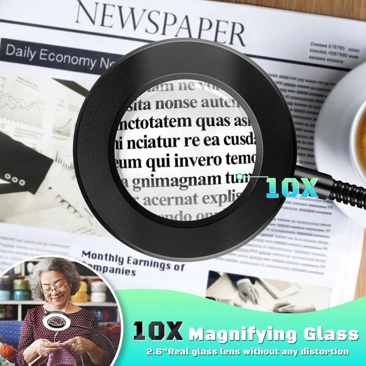 Alt view image 2 of 7 - NZQXJXZ 10X Magnifying Glass with Light, Clip on Mganifier with Light, 48 LED Desk Magnifying Glass wtih Clamp, 3 Modes Dimmable Magnifying LED Lamps for Bed Work Crafts DIY Repair