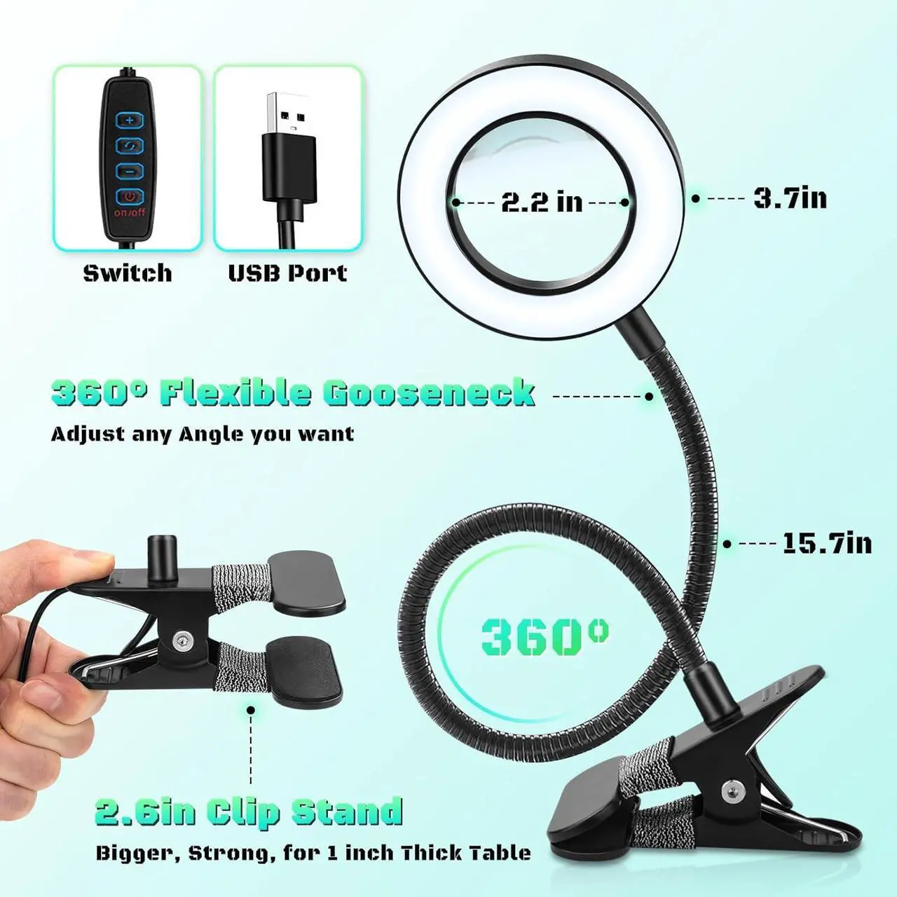 Alt view image 5 of 7 - NZQXJXZ 10X Magnifying Glass with Light, Clip on Mganifier with Light, 48 LED Desk Magnifying Glass wtih Clamp, 3 Modes Dimmable Magnifying LED Lamps for Bed Work Crafts DIY Repair
