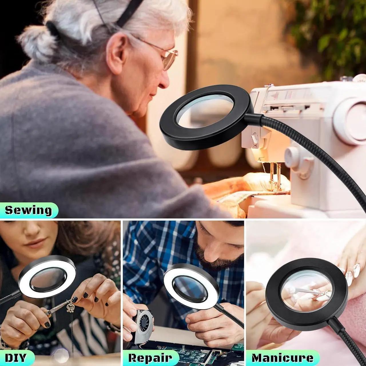 Alt view image 7 of 7 - NZQXJXZ 10X Magnifying Glass with Light, Clip on Mganifier with Light, 48 LED Desk Magnifying Glass wtih Clamp, 3 Modes Dimmable Magnifying LED Lamps for Bed Work Crafts DIY Repair