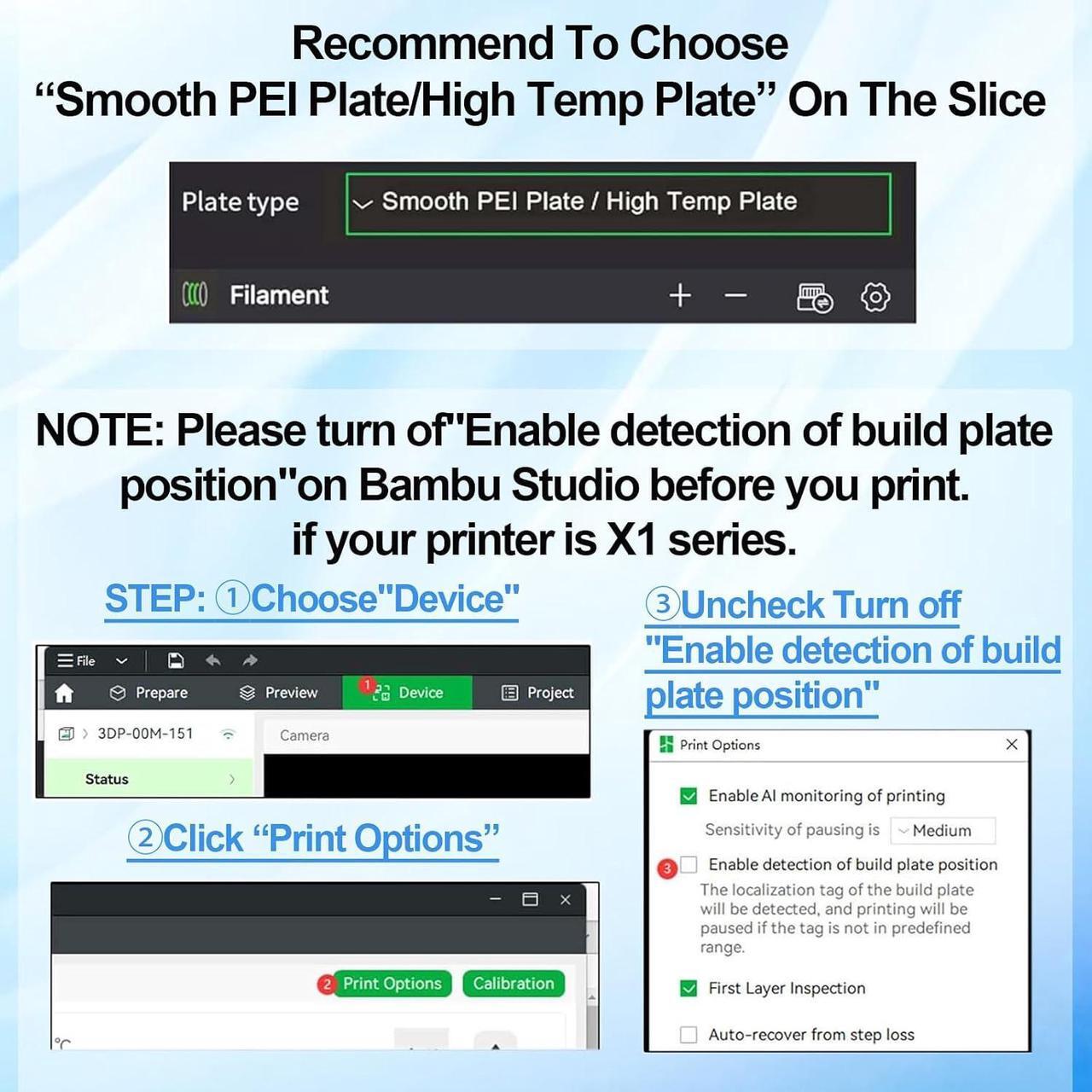 Alt view image 3 of 7 - IdeaFormer Smooth Diamond PEO+Textured PEI Plate for Bambu Lab X1 X1C P1P P1S A1, Double Sided Textured PEO PEI Build Plate for Bambu Lab Series 3D Printers