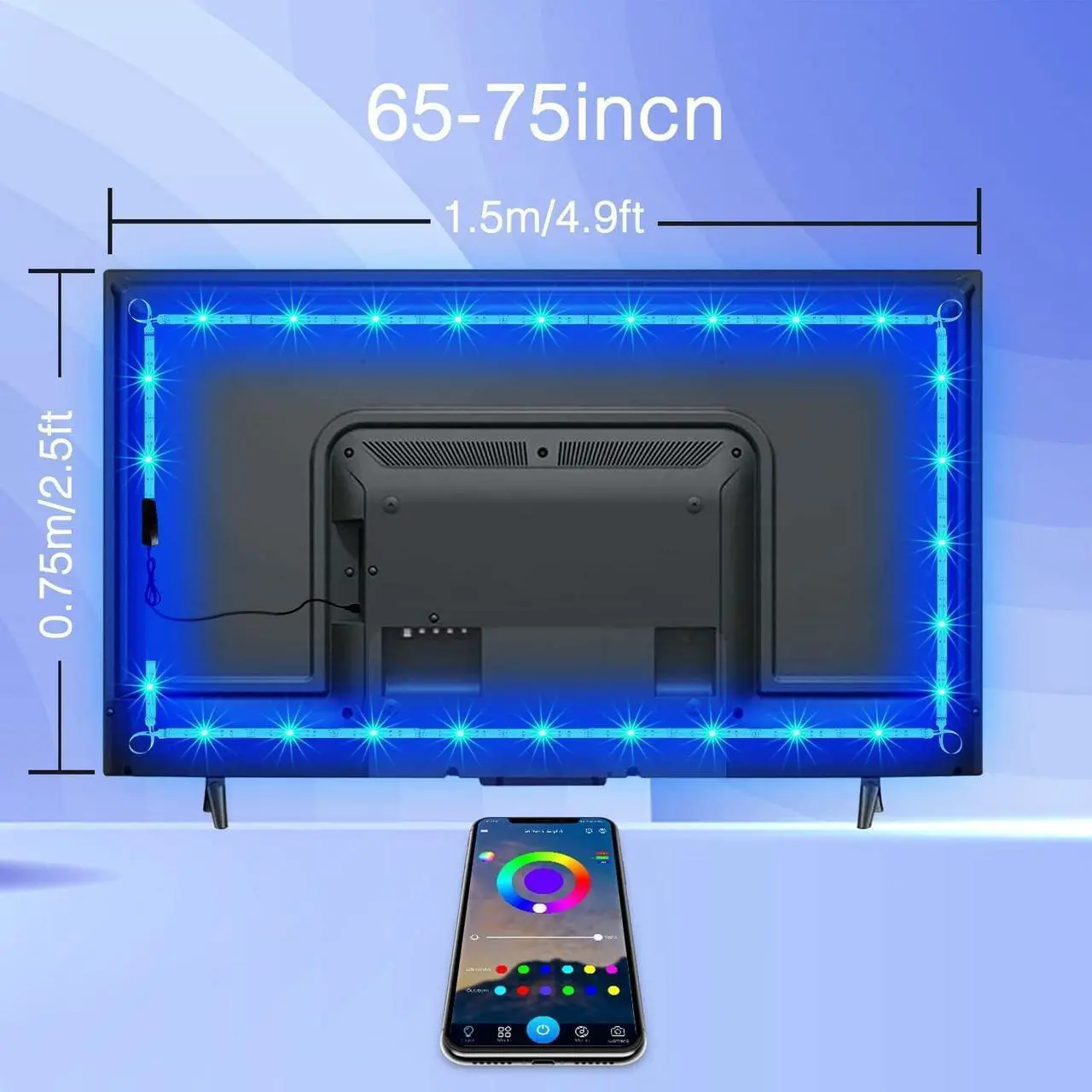 Alt view image 2 of 7 - phopollo LED Lights for TV, 16.4Ft TV LED Backlight, LED Strip Lights for TV 75-85 inch, Bluetooth Color Changing, App Control, USB Powered