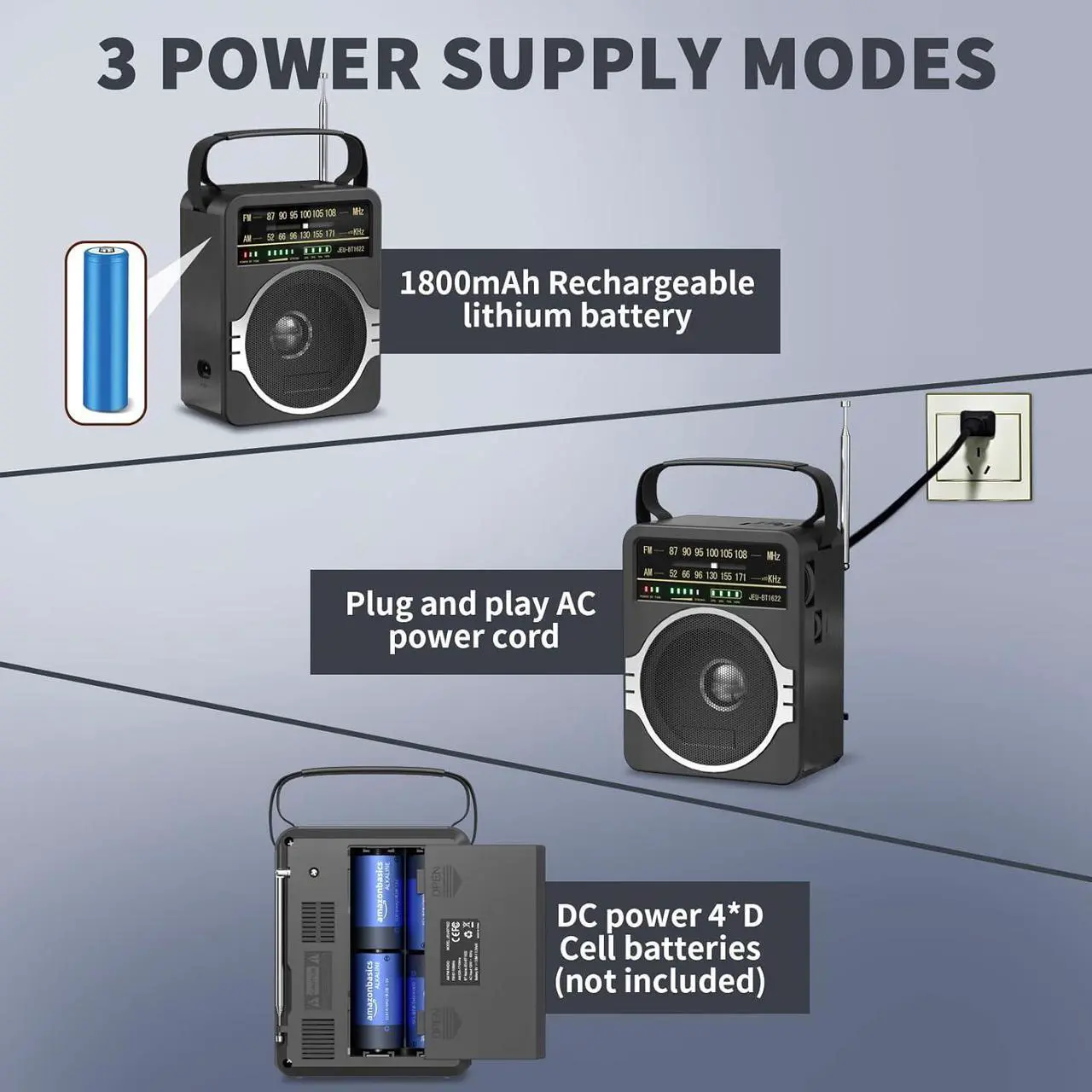 Alt view image 4 of 7 - Portable AM FM Radio, Bluetooth 5.0 Radios 5 Watts Loud Speaker,FM Radio Built-in Rechargeable Battery/DC D*4 Cell Battery Operated & AC Power Plug in Wall Black