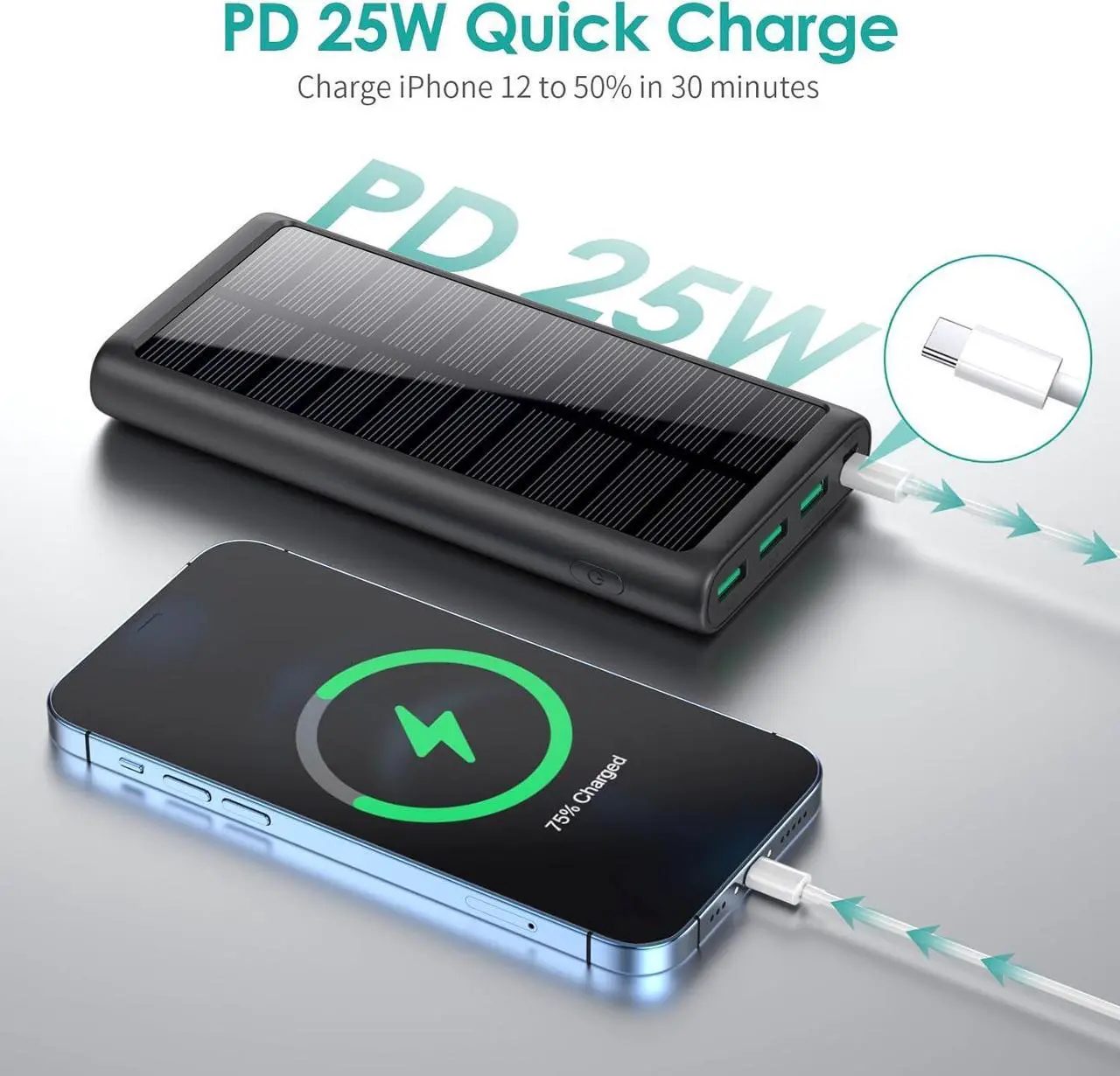 Alt view image 3 of 6 - 5 in 1 Wireless Portable Charger Power Bank,36800mAh 5 Output Dual QC4.0 25W PD USB C Battery Pack,15W Wireless Fast Charging,IP65 Solar Charger Compatible with iPhone14,13,12 Series,Samsung,iPad etc