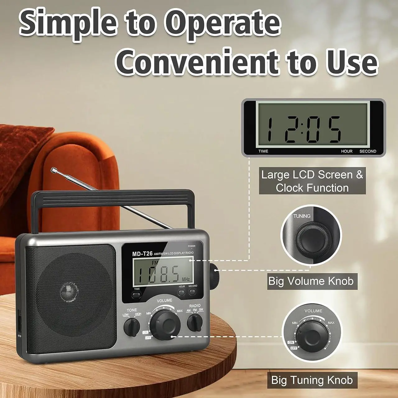 Alt view image 3 of 7 - Portable AM FM Shortwave Radio with Best Reception, Battery Operated by 4D Cell Batteries or AC Power, Transistor Radio with LCD Display, Time Setting, Earphone Jack, Big Speaker for Home, Elder, Gift