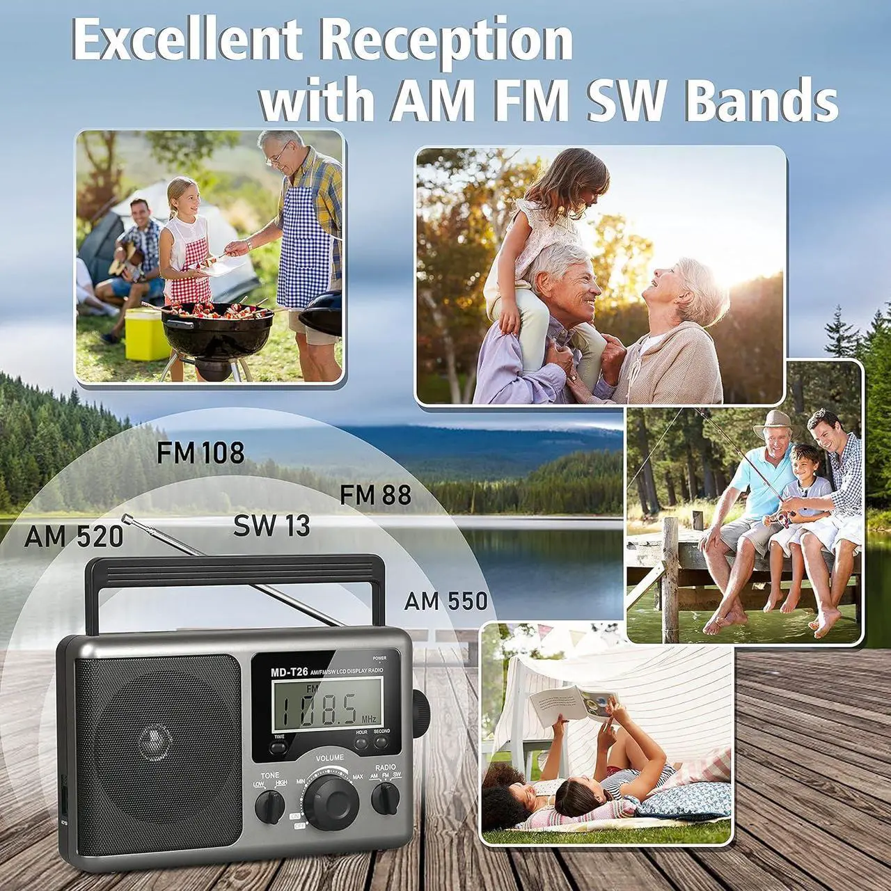 Alt view image 2 of 7 - Portable AM FM Shortwave Radio with Best Reception, Battery Operated by 4D Cell Batteries or AC Power, Transistor Radio with LCD Display, Time Setting, Earphone Jack, Big Speaker for Home, Elder, Gift