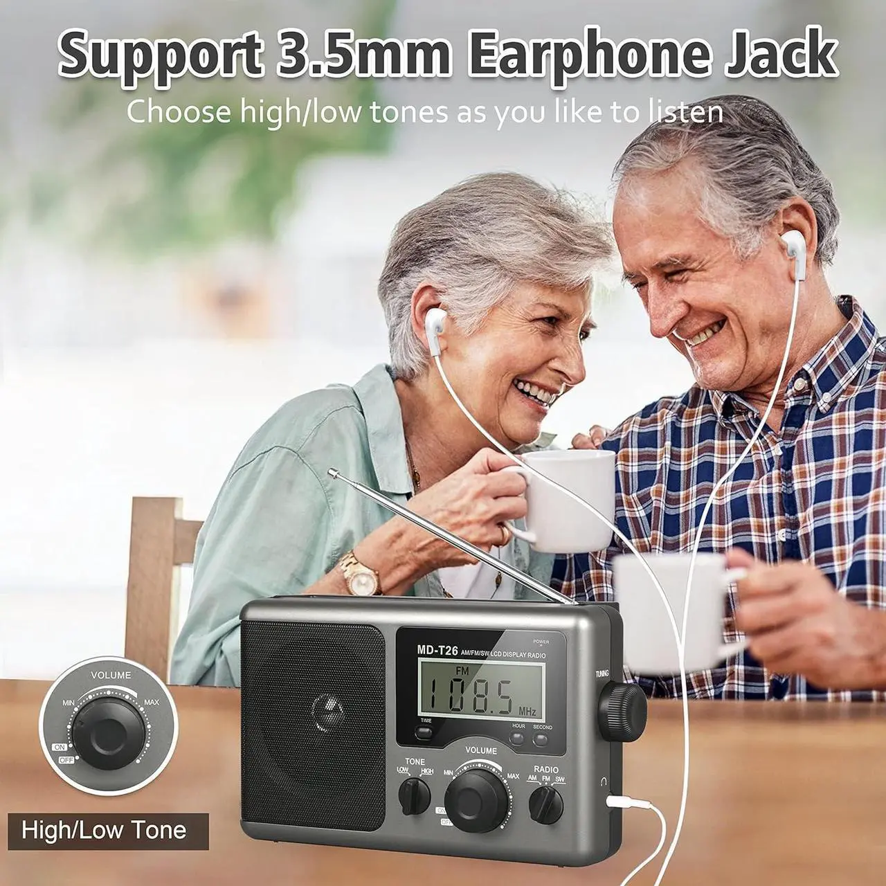 Alt view image 6 of 7 - Portable AM FM Shortwave Radio with Best Reception, Battery Operated by 4D Cell Batteries or AC Power, Transistor Radio with LCD Display, Time Setting, Earphone Jack, Big Speaker for Home, Elder, Gift