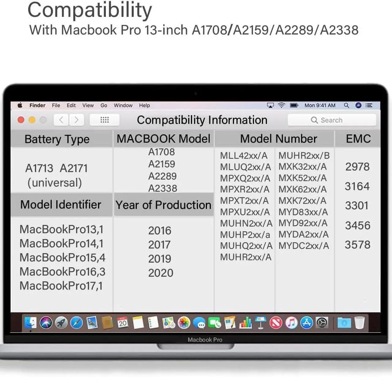 Alt view image 2 of 7 - A1708 Battery Replacement for MacBook Pro 13 inch Model A1708 (2016,2017) A2159 (2019) A2289(2020) A2338(2020,2022) Battery A1713 A2171 58.19Wh (B-5100 mAh)