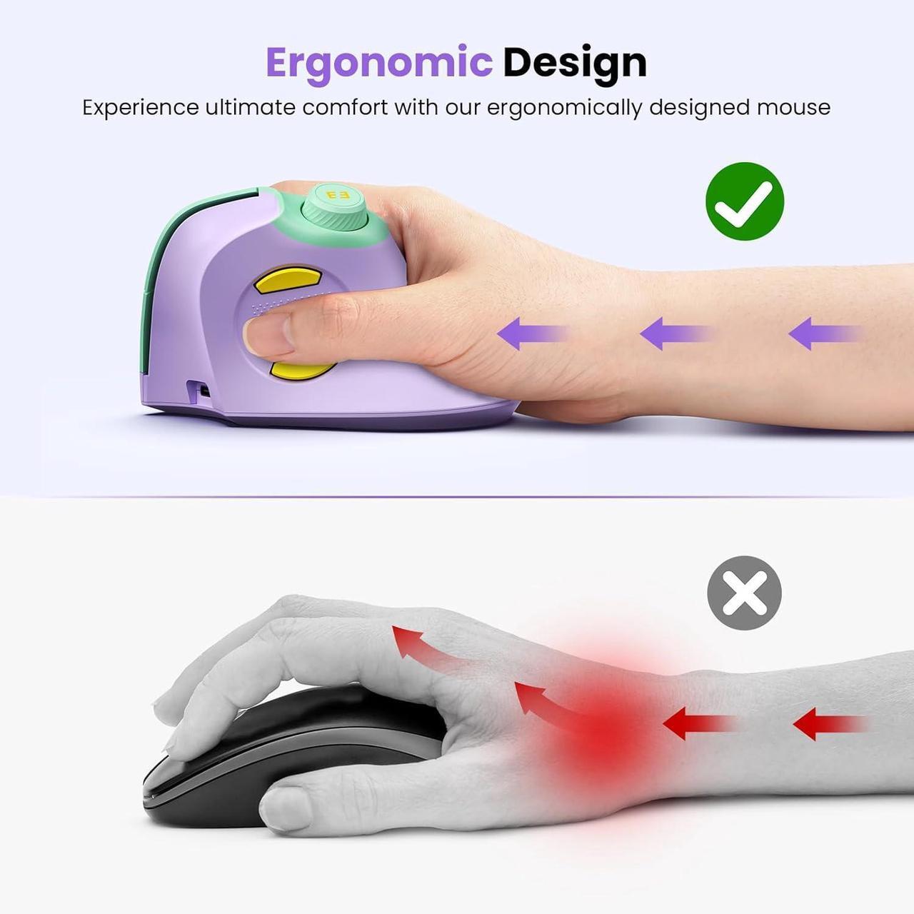 Alt view image 2 of 7 - seenda Ergonomic Mouse Rechargeable, Vertical Wireless Mouse with Volume knob, Quiet clicks, 3 Device Connection (Bluetooth or USB), Optical Mice for Windows, PC/Mac- Purple